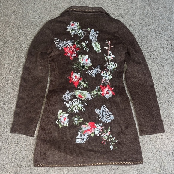 PAPARAZZI Embroidered Floral Butterfly Boho Wool Long Trench Coat Brown Small - Picture 8 of 11